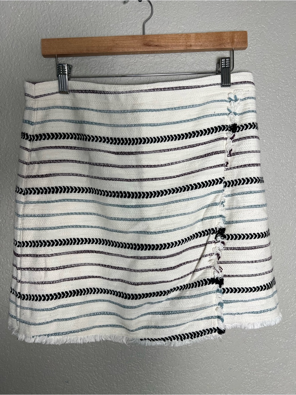 LOFT White/Blue Striped Fringe Mini Skirt